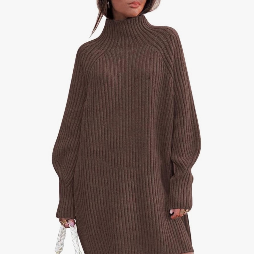 Brown Long Sleeve Ribbed Dress